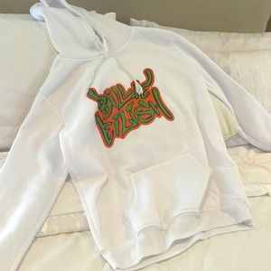 Billie Eilish Sweatshirt, M/8, white with hoodie and front pocket.